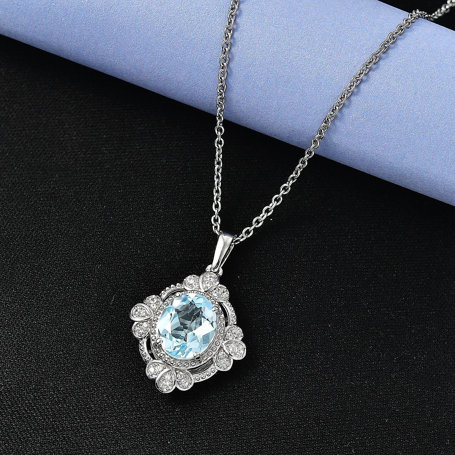 EverTrue Sky Blue Topaz and White Zircon 4.60 ctw Pendant in Platinum Bond with Stainless Steel Necklace 20 Inches