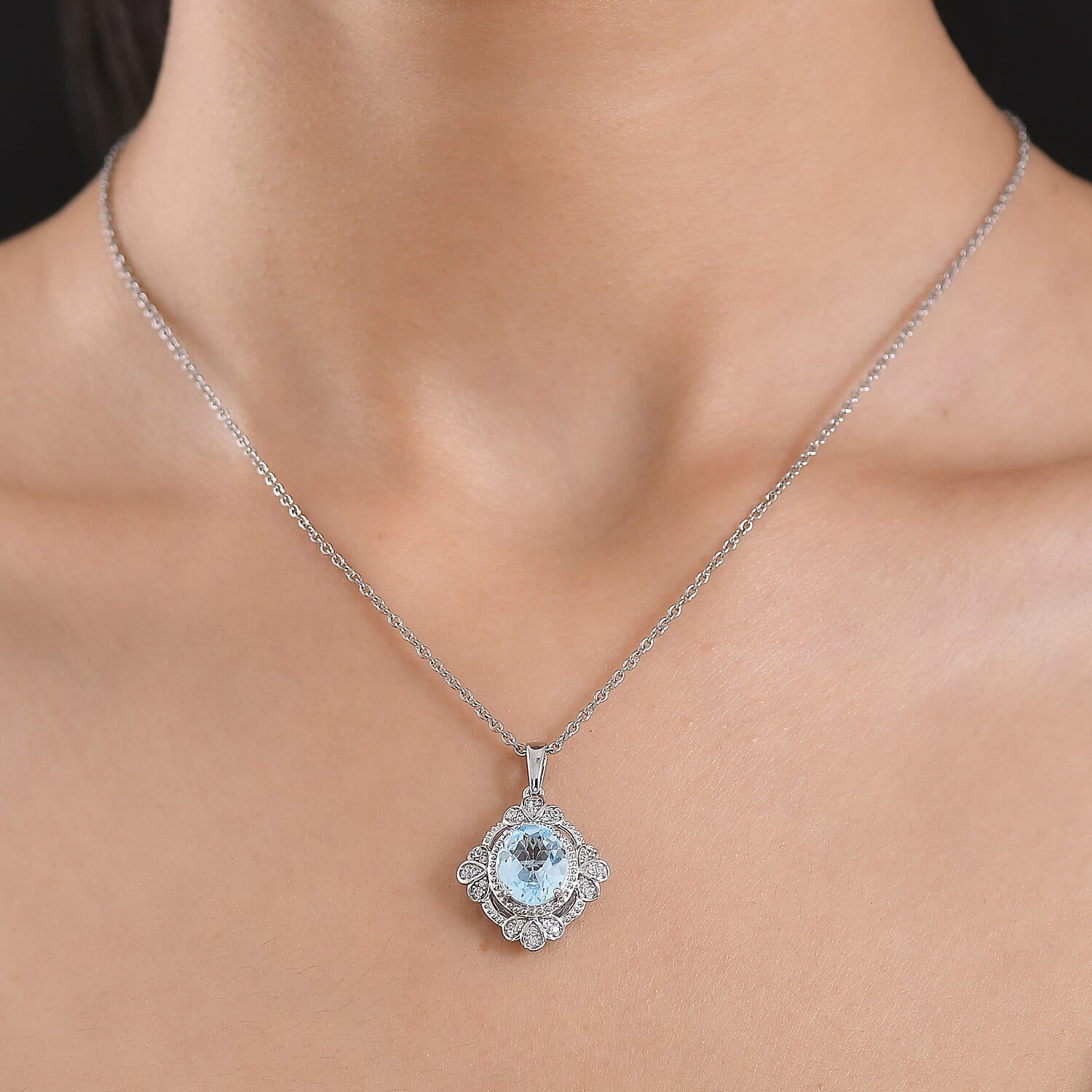 EverTrue Sky Blue Topaz and White Zircon 4.60 ctw Pendant in Platinum Bond with Stainless Steel Necklace 20 Inches