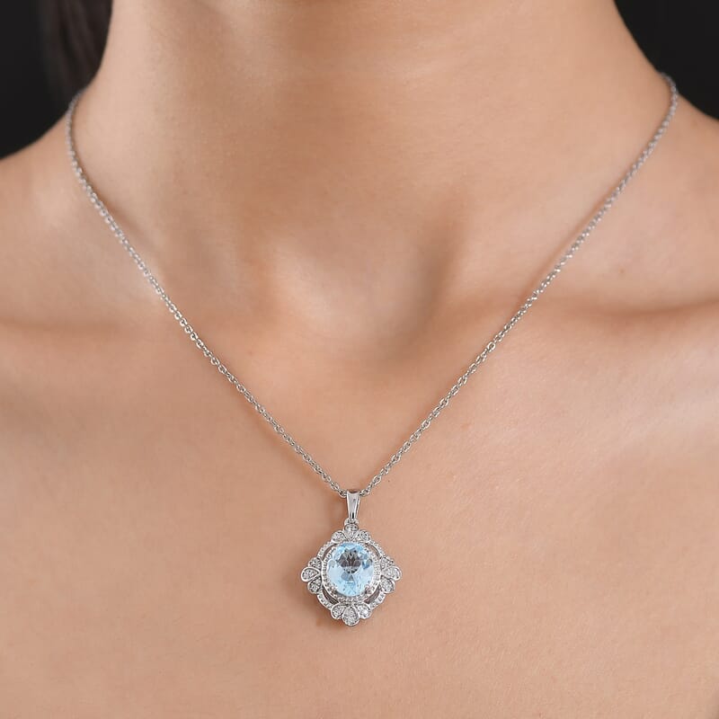 EverTrue Sky Blue Topaz and White Zircon 4.60 ctw Pendant in Platinum Bond with Stainless Steel Necklace 20 Inches