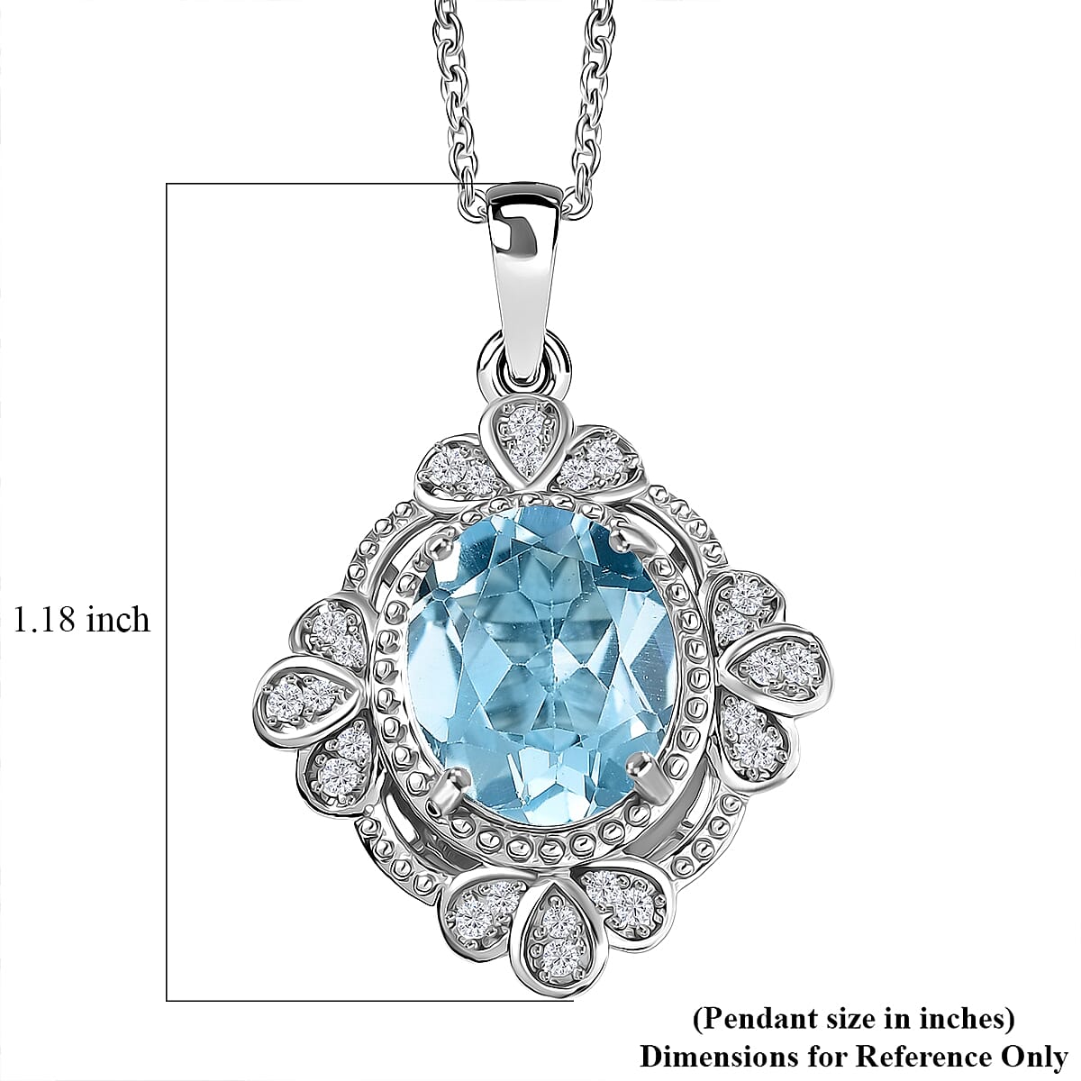 EverTrue Sky Blue Topaz and White Zircon 4.60 ctw Pendant in Platinum Bond with Stainless Steel Necklace 20 Inches
