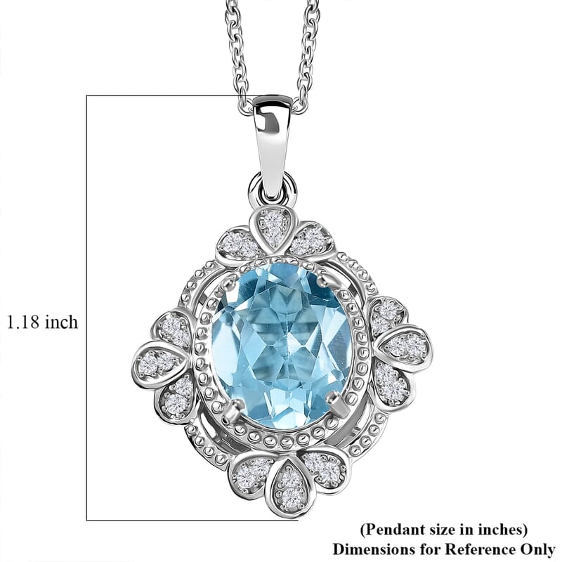 EverTrue Sky Blue Topaz and White Zircon 4.60 ctw Pendant in Platinum Bond with Stainless Steel Necklace 20 Inches