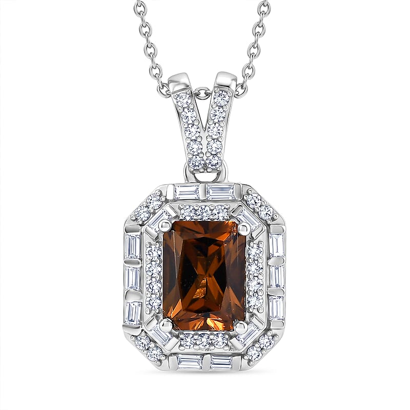 D'Joy Premium Golden Turkizite and Moissanite 2.20 ctw Octagonal Window Pendant Necklace in Rhodium Over Sterling Silver 20 Inches