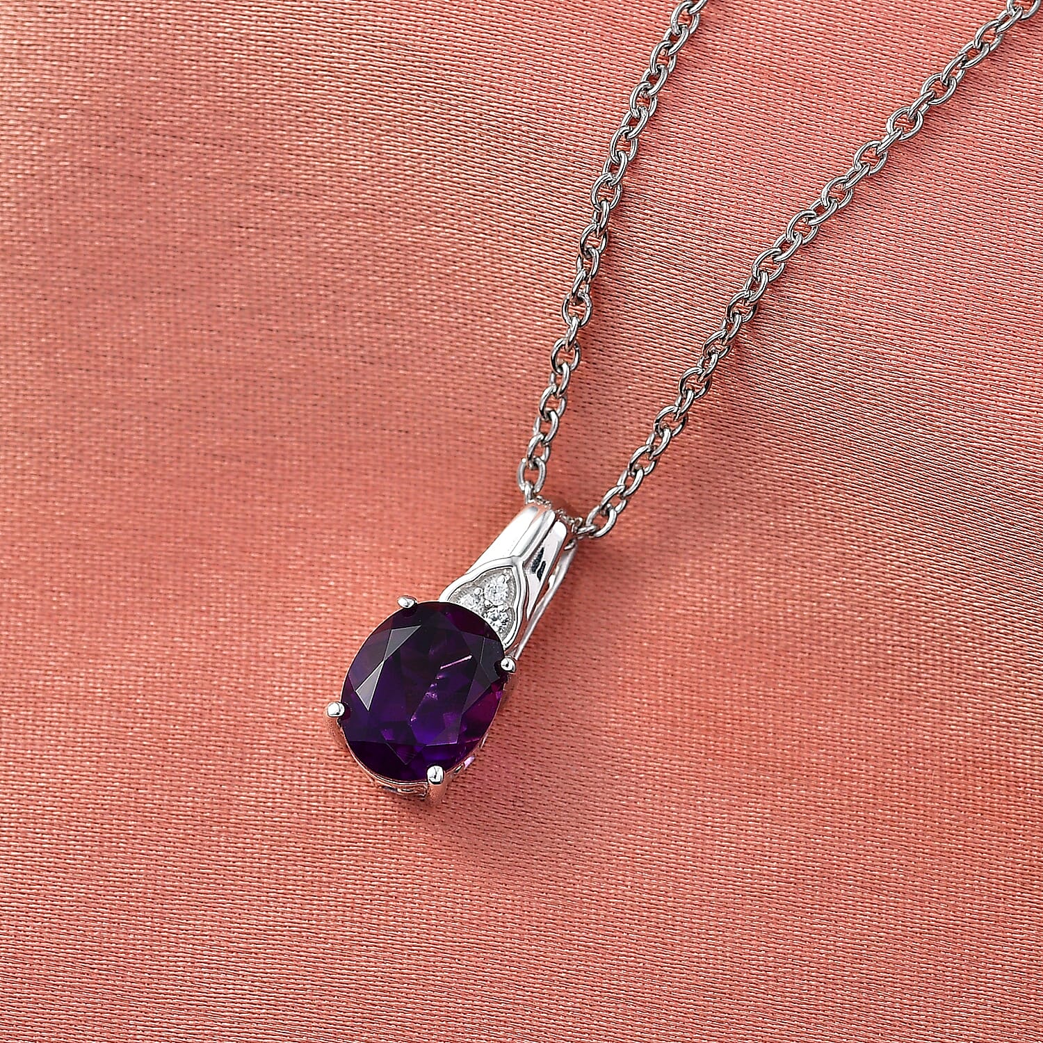 D'Joy African Amethyst and White Zircon 1.70 ctw Pendant Necklace in Platinum Over Sterling Silver (20 Inches)