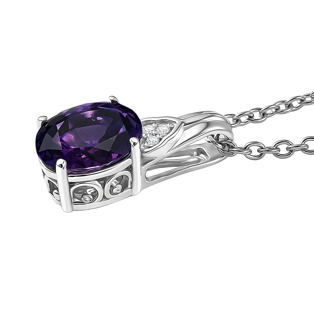 D'Joy African Amethyst, White Zircon Pendant Necklace (20 Inches) in Platinum Over Sterling Silver 1.70 ctw image number 3