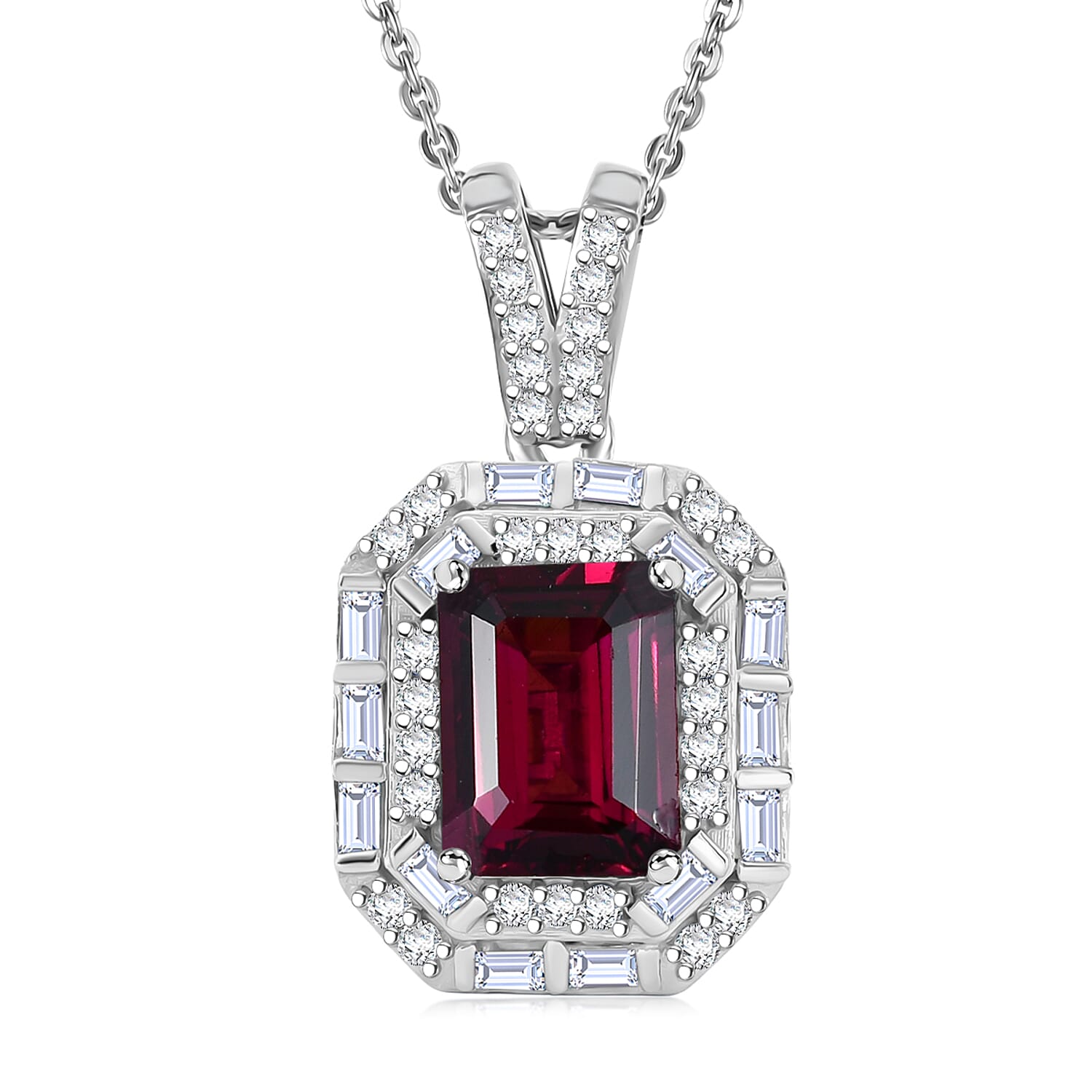 D'Joy Premium Radiant Ember Garnet and Moissanite 2.50 ctw Octagonal Window Pendant Necklace in Rhodium Over Sterling Silver 20
