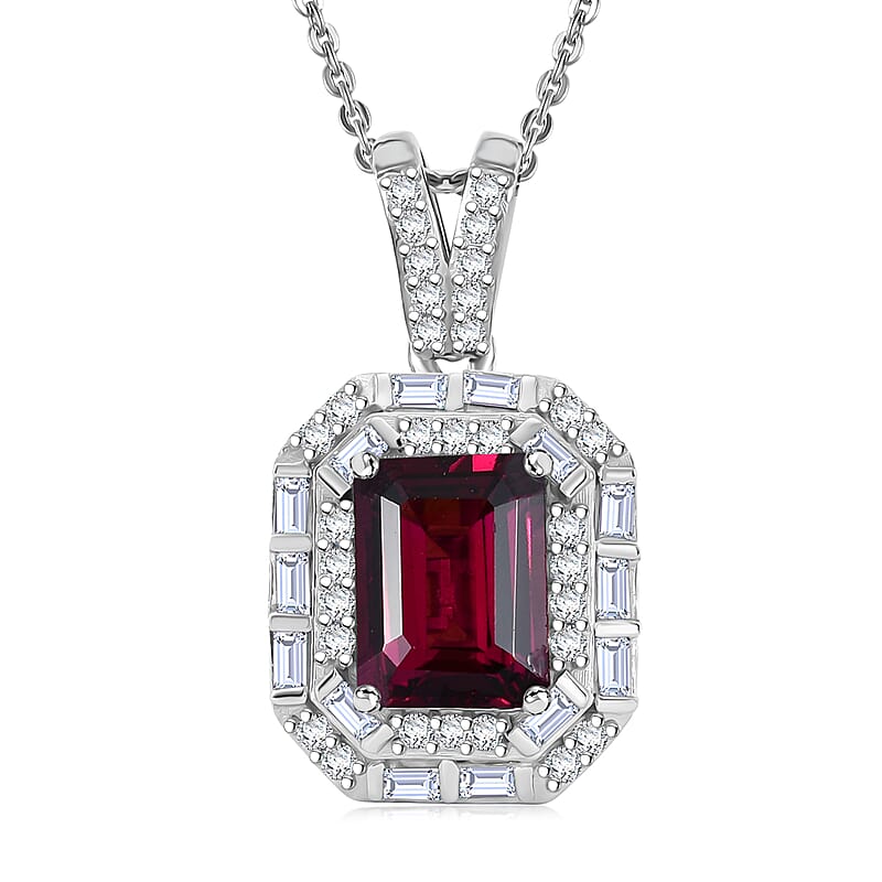 D'Joy Premium Radiant Ember Garnet and Moissanite 2.50 ctw Octagonal Window Pendant Necklace in Rhodium Over Sterling Silver 20 Inches