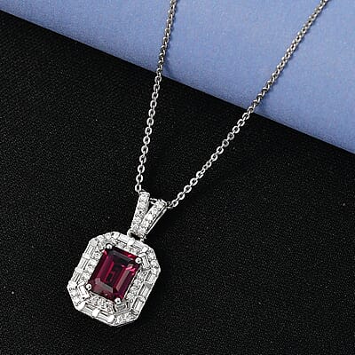 D'Joy Premium Radiant Ember Garnet and Moissanite 2.50 ctw Octagonal Window Pendant Necklace in Rhodium Over Sterling Silver 20 Inches