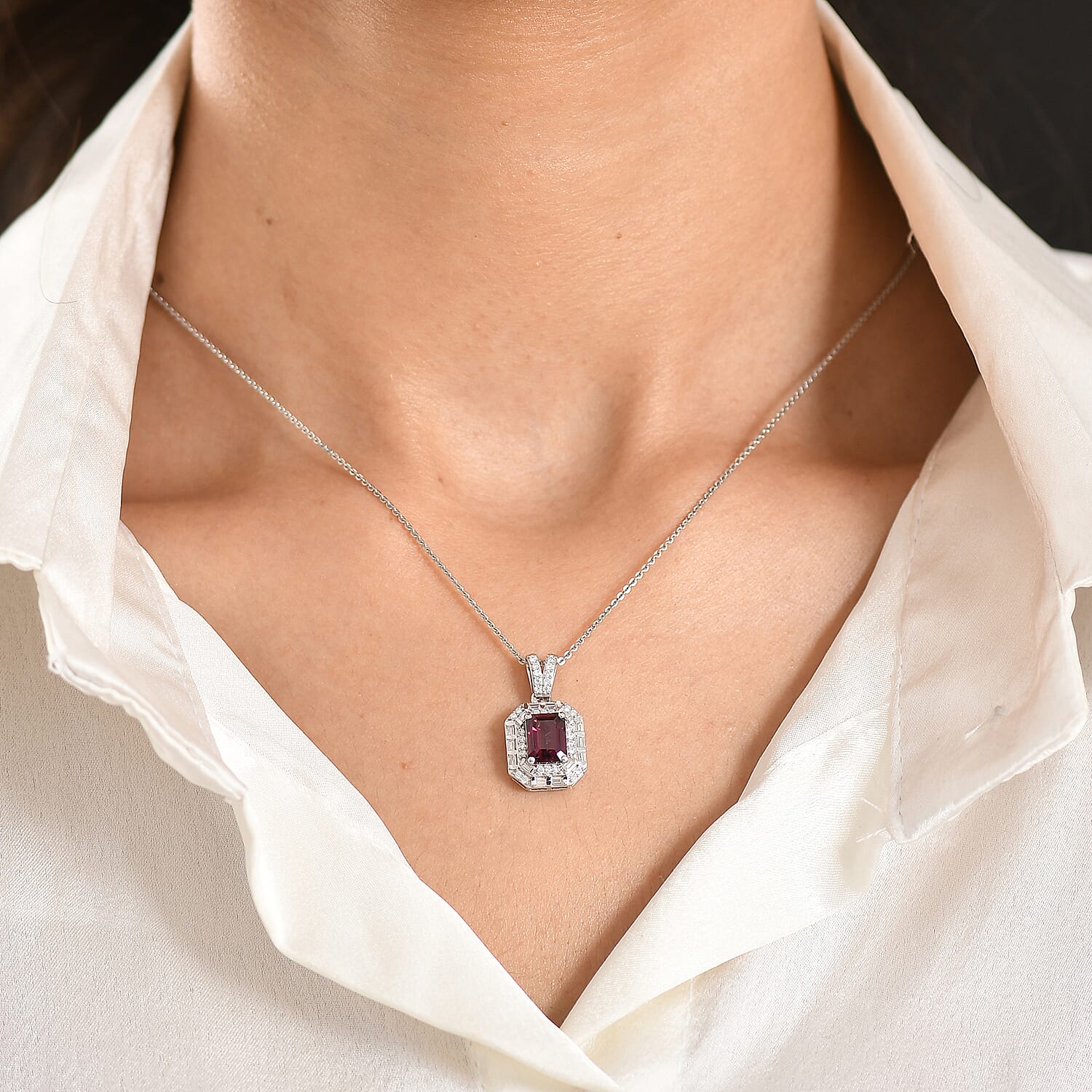 D'Joy Premium Radiant Ember Garnet and Moissanite 2.50 ctw Octagonal Window Pendant Necklace in Rhodium Over Sterling Silver 20 Inches