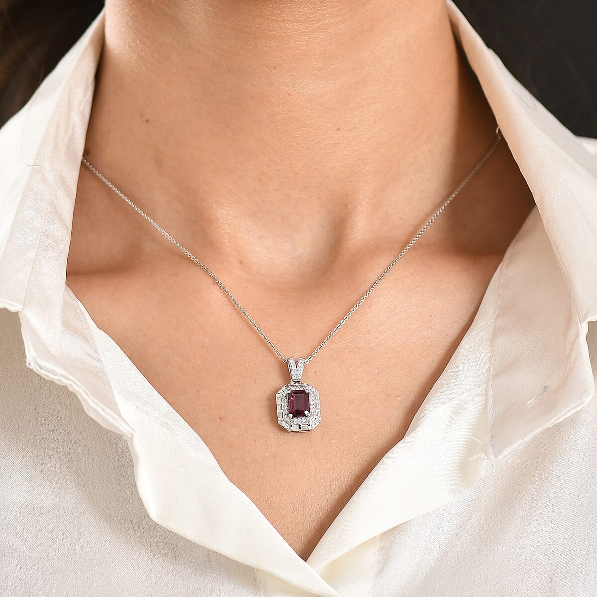 D'Joy Premium Radiant Ember Garnet and Moissanite 2.50 ctw Octagonal Window Pendant Necklace in Rhodium Over Sterling Silver 20 Inches  image number 2