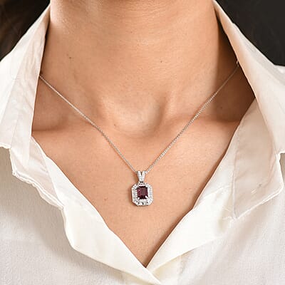 D'Joy Premium Radiant Ember Garnet and Moissanite 2.50 ctw Octagonal Window Pendant Necklace in Rhodium Over Sterling Silver 20 Inches