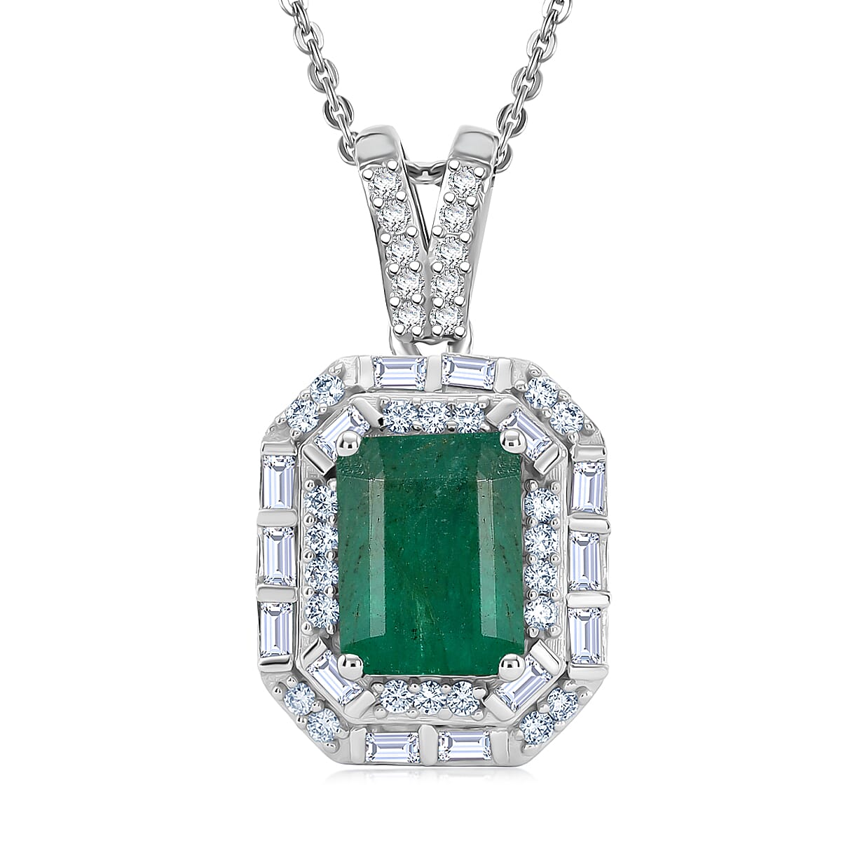 D'Joy Premium Kagem Zambian Emerald and Moissanite 2.10 ctw Octagonal Window Pendant Necklace in Rhodium Over Sterling Silver 20 Inches