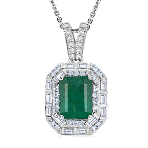 D'Joy Premium Kagem Zambian Emerald and Moissanite 2.10 ctw Octagonal Window Pendant Necklace in Rhodium Over Sterling Silver 20 Inches 