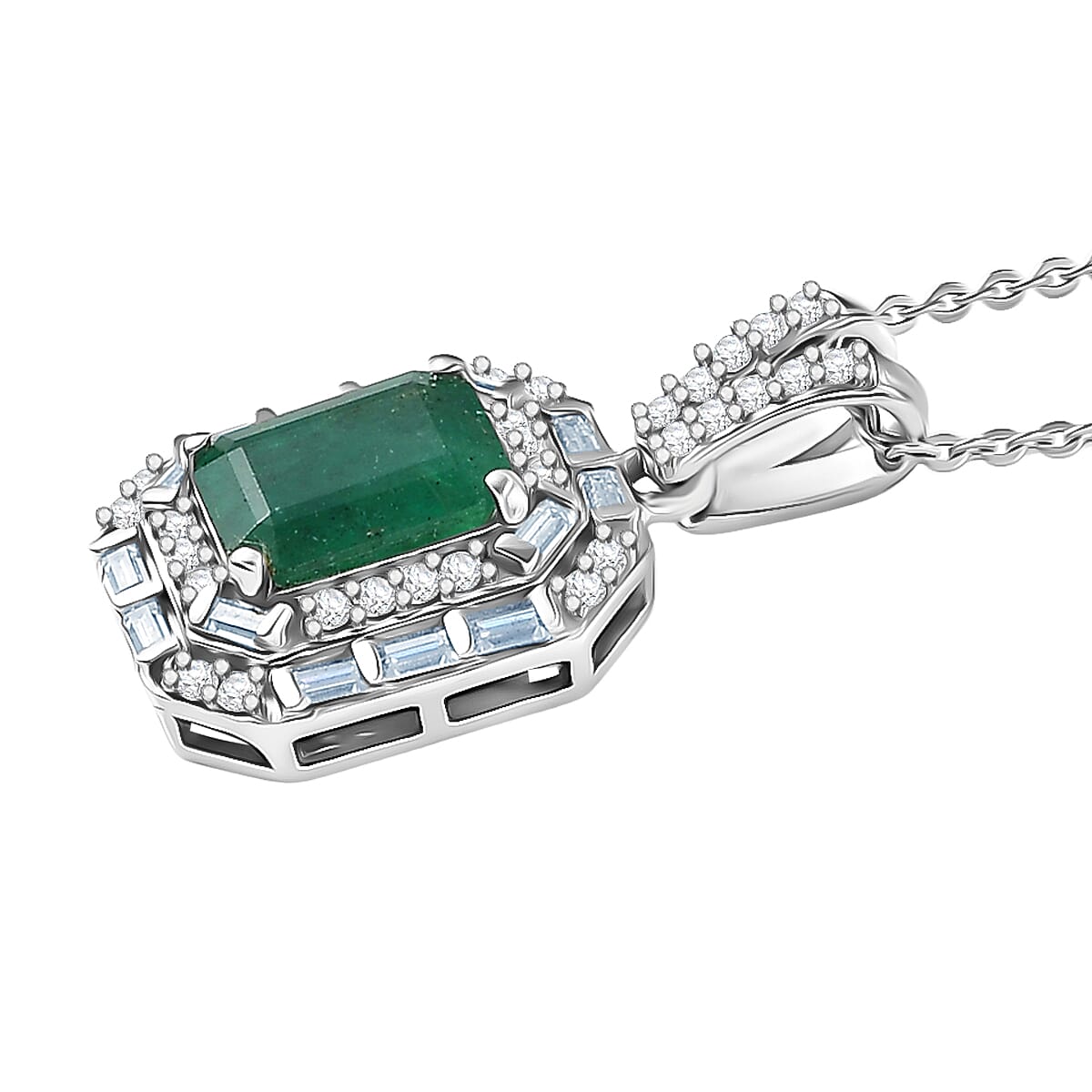 D'Joy Premium Kagem Zambian Emerald and Moissanite 2.10 ctw Octagonal Window Pendant Necklace in Rhodium Over Sterling Silver 20 Inches