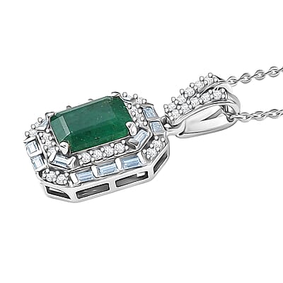 D'Joy Premium Kagem Zambian Emerald and Moissanite 2.10 ctw Octagonal Window Pendant Necklace in Rhodium Over Sterling Silver 20 Inches