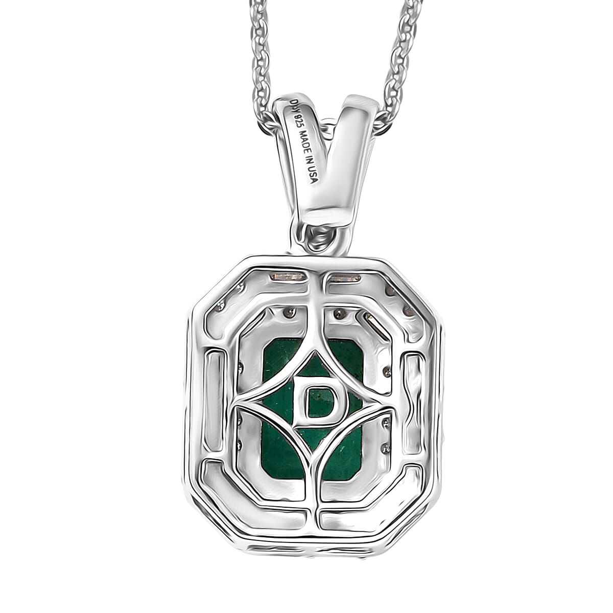 D'Joy Premium Kagem Zambian Emerald and Moissanite 2.10 ctw Octagonal Window Pendant Necklace in Rhodium Over Sterling Silver 20 Inches
