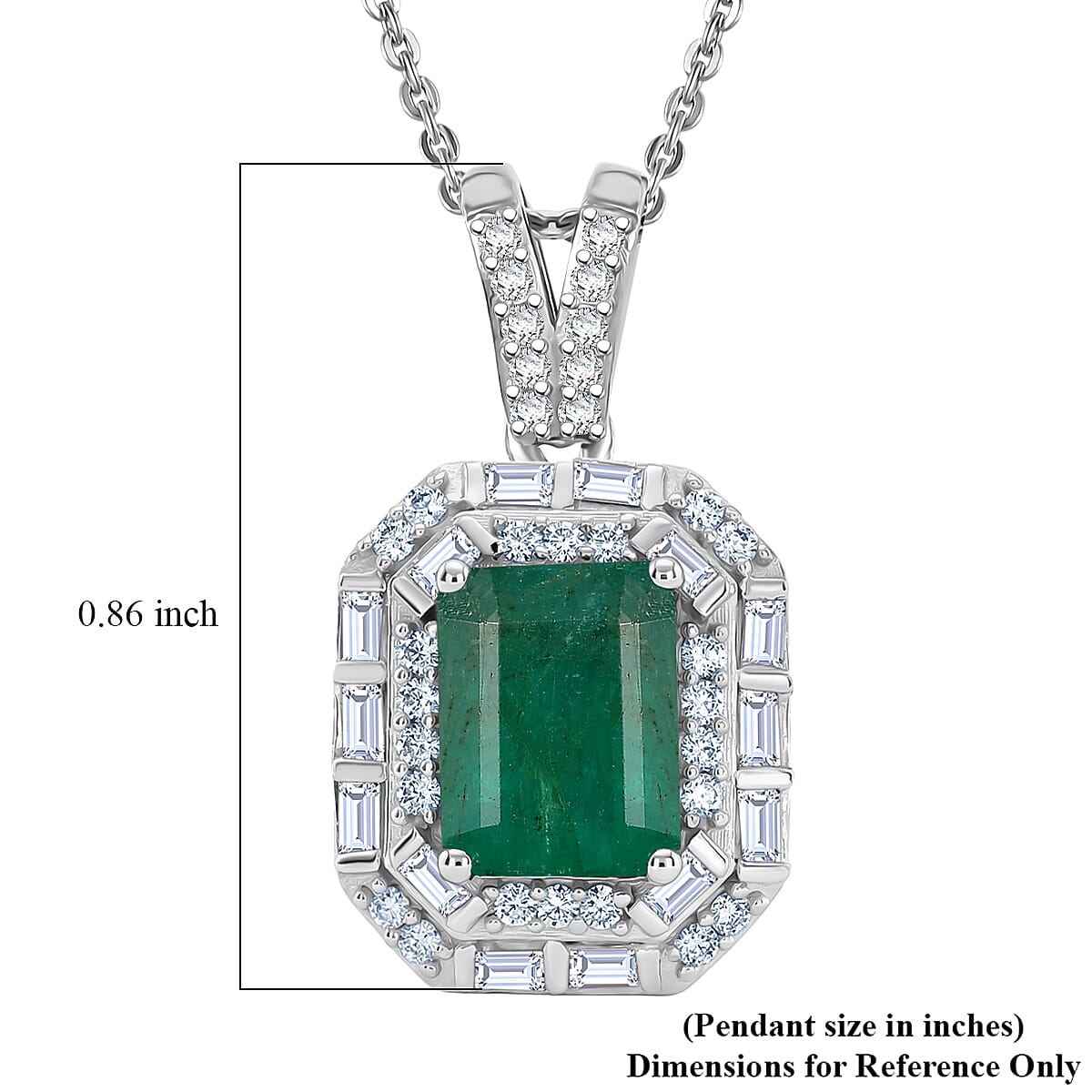 D'Joy Premium Kagem Zambian Emerald and Moissanite 2.10 ctw Octagonal Window Pendant Necklace in Rhodium Over Sterling Silver 20 Inches