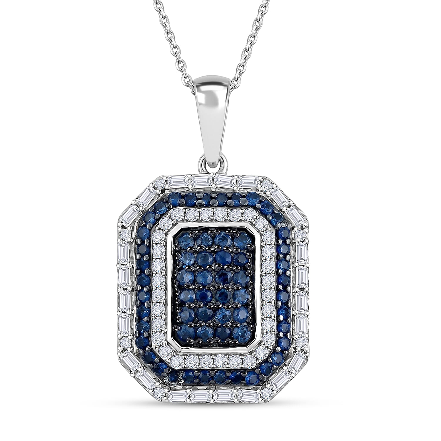 D'Joy Premium Ceylon Blue Sapphire and Moissanite 1.90 ctw Royal Medallions Pendant Necklace in Rhodium Over Sterling Silver 20