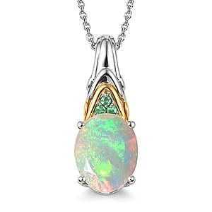 D'Joy Premium Ethiopian Welo Opal and Tsavorite Garnet 2.20 ctw Pendant Necklace in 18K Vermeil YG and Rhodium Over Sterling Silver 20 Inches 