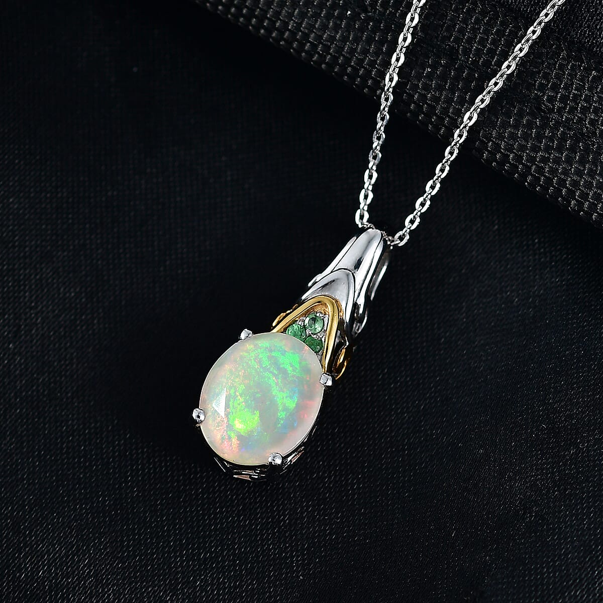 D'Joy Premium Ethiopian Welo Opal and Tsavorite Garnet 2.20 ctw Pendant Necklace in 18K Vermeil YG and Rhodium Over Sterling Silver 20 Inches  image number 1