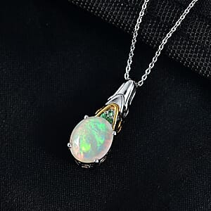 D'Joy Premium Ethiopian Welo Opal and Tsavorite Garnet 2.20 ctw Aurora Leaf Crest Pendant Necklace in 18K Vermeil YG and Rhodium Over Sterling Silver 20 Inches 