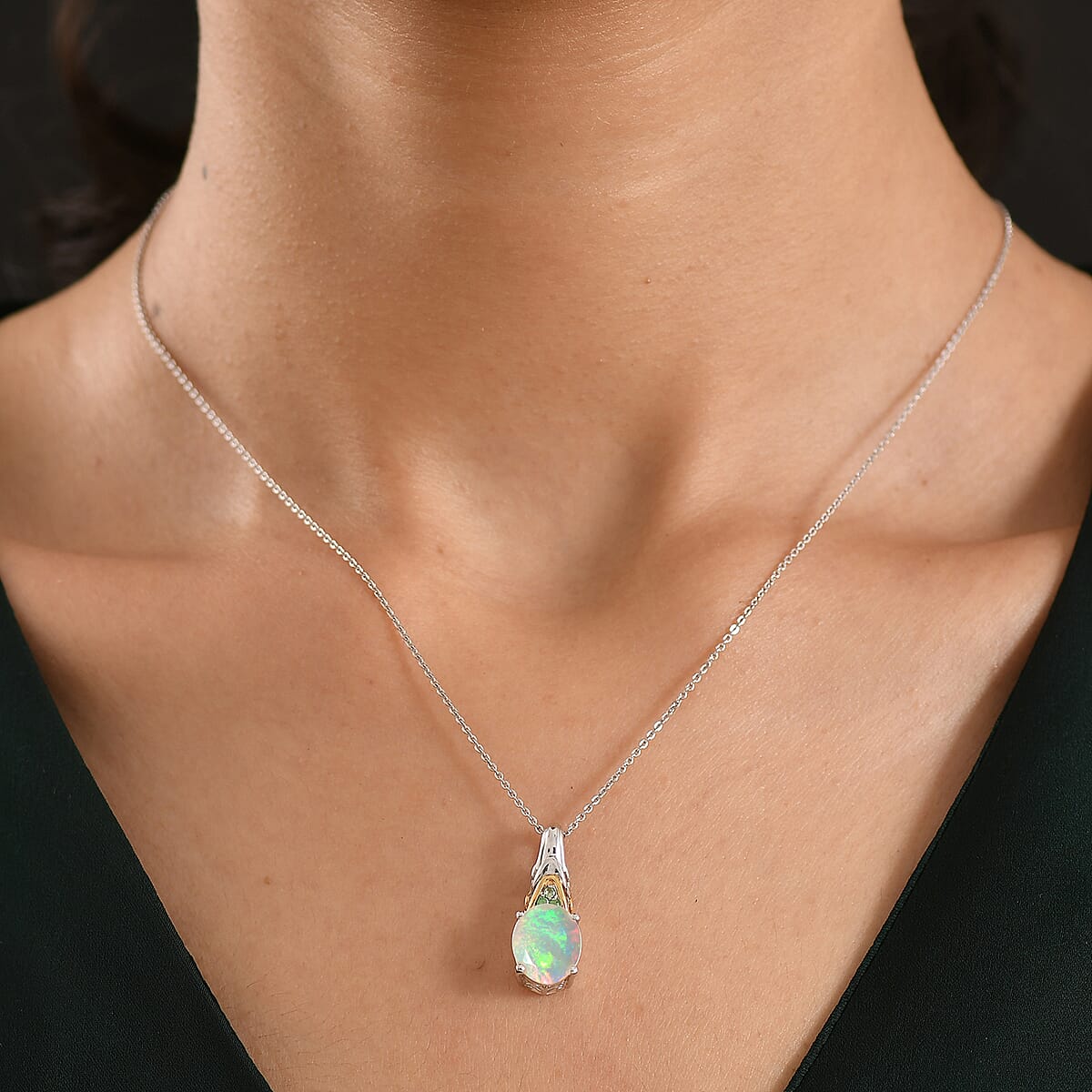 D'Joy Premium Ethiopian Welo Opal and Tsavorite Garnet 2.20 ctw Pendant Necklace in 18K Vermeil YG and Rhodium Over Sterling Silver 20 Inches  image number 2