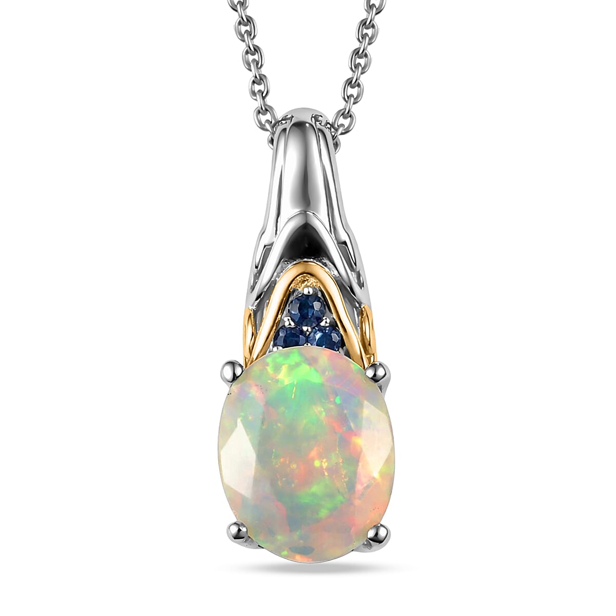 D'Joy Premium Ethiopian Welo Opal and Ceylon Blue Sapphire 2.20 ctw Aurora Leaf Crest Pendant Necklace in 18K Vermeil YG and Rhodium Over Sterling Silver 20 Inches