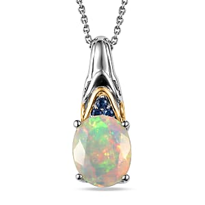 D'Joy Premium Ethiopian Welo Opal and Ceylon Blue Sapphire 2.20 ctw Aurora Leaf Crest Pendant Necklace in 18K Vermeil YG and Rhodium Over Sterling Silver 20 Inches