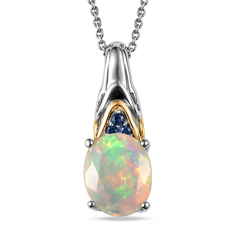 D'Joy Premium Ethiopian Welo Opal and Ceylon Blue Sapphire 2.20 ctw Aurora Leaf Crest Pendant Necklace in 18K Vermeil YG and Rhodium Over Sterling Silver 20 Inches
