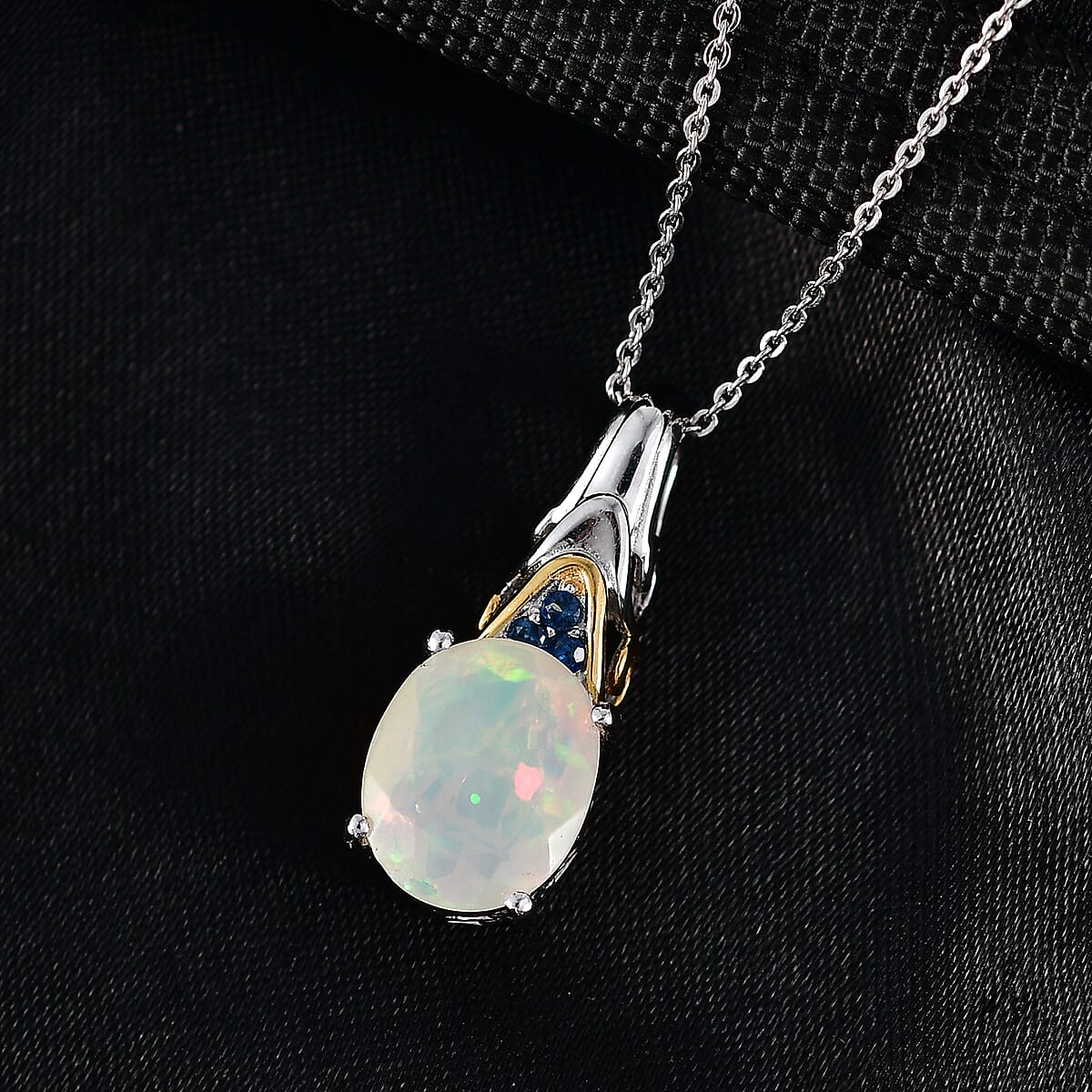 D'Joy Premium Ethiopian Welo Opal and Ceylon Blue Sapphire 2.20 ctw Aurora Leaf Crest Pendant Necklace in 18K Vermeil YG and Rhodium Over Sterling Silver 20 Inches image number 1
