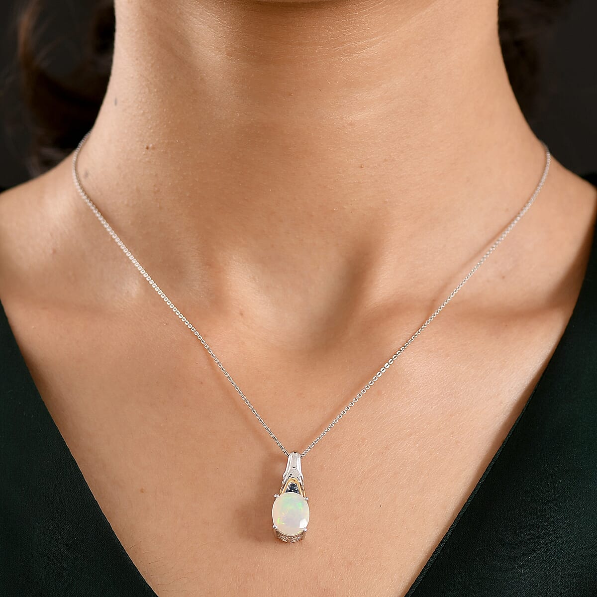 D'Joy Premium Ethiopian Welo Opal and Ceylon Blue Sapphire 2.20 ctw Aurora Leaf Crest Pendant Necklace in 18K Vermeil YG and Rhodium Over Sterling Silver 20 Inches image number 2