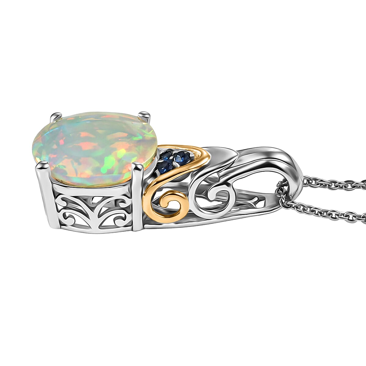 D'Joy Premium Ethiopian Welo Opal and Ceylon Blue Sapphire 2.20 ctw Aurora Leaf Crest Pendant Necklace in 18K Vermeil YG and Rhodium Over Sterling Silver 20 Inches image number 3