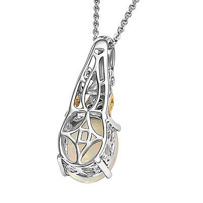D'Joy Premium Ethiopian Welo Opal and Ceylon Blue Sapphire 2.20 ctw Aurora Leaf Crest Pendant Necklace in 18K Vermeil YG and Rhodium Over Sterling Silver 20 Inches