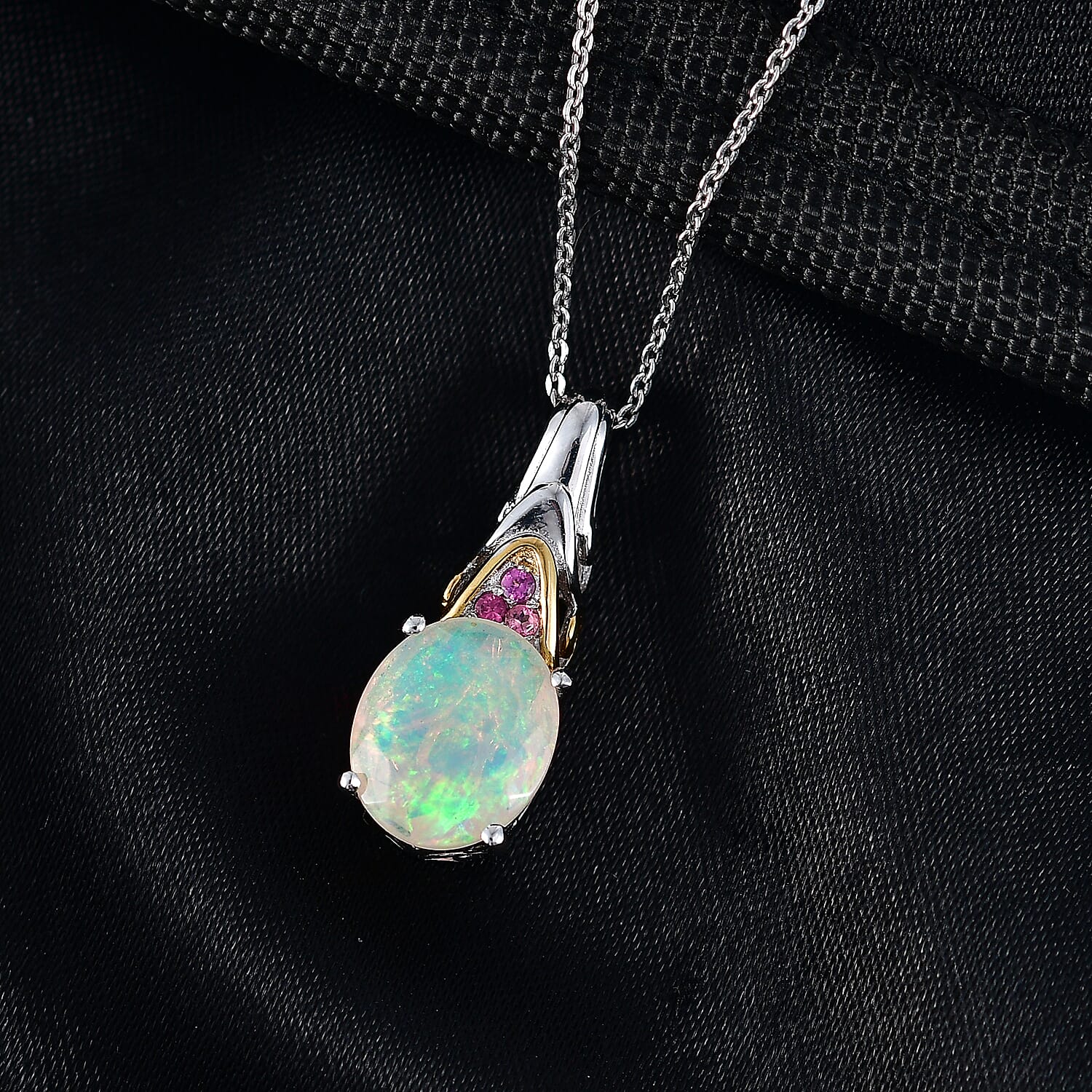 D'Joy Premium Ethiopian Welo Opal and Ouro Fino Rubellite 1.85 ctw Aurora Leaf Crest Pendant Necklace in 18K Vermeil YG and Rhodium Over Sterling Silver 20 Inches 