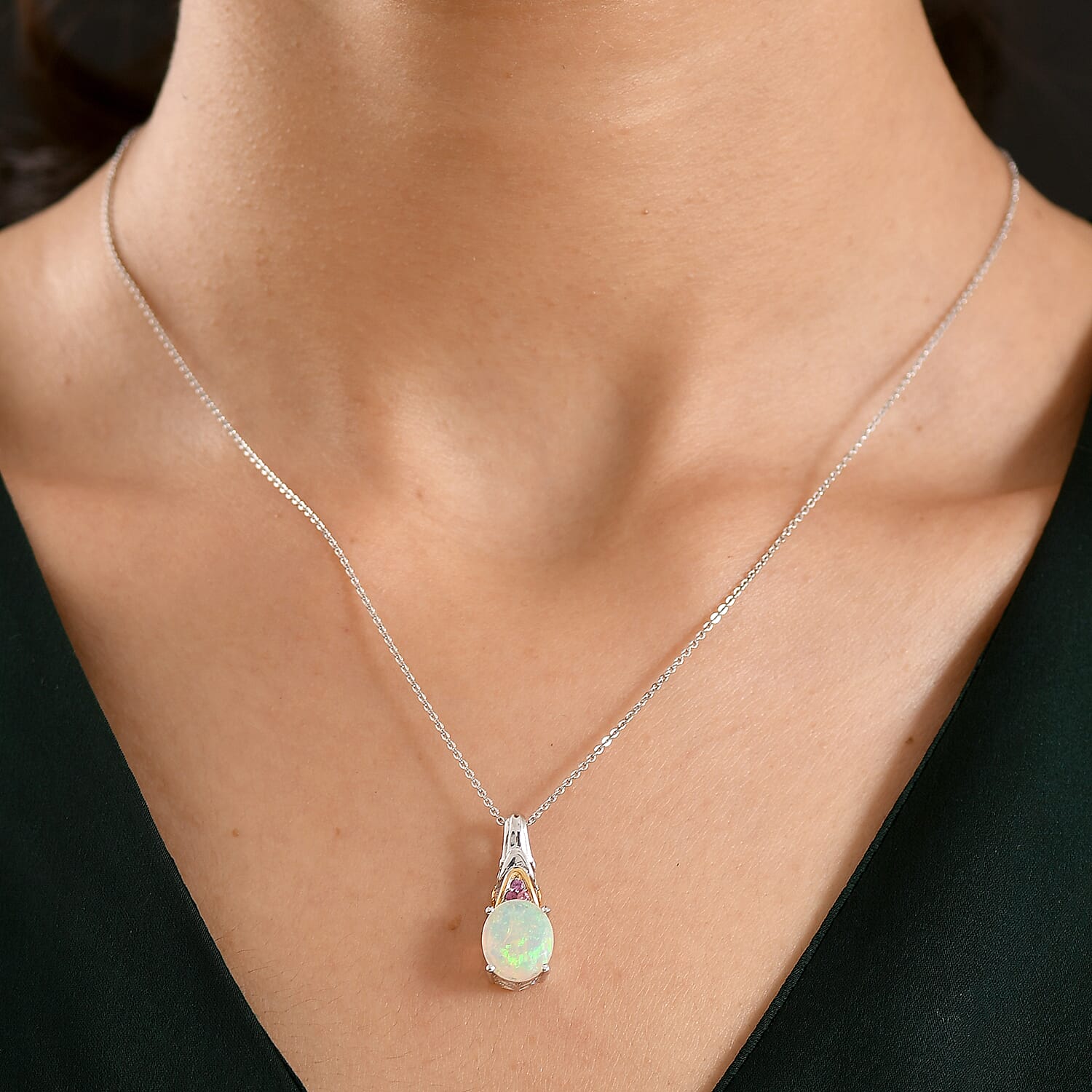 D'Joy Premium Ethiopian Welo Opal and Ouro Fino Rubellite 1.85 ctw Aurora Leaf Crest Pendant Necklace in 18K Vermeil YG and Rhodium Over Sterling Silver 20 Inches 