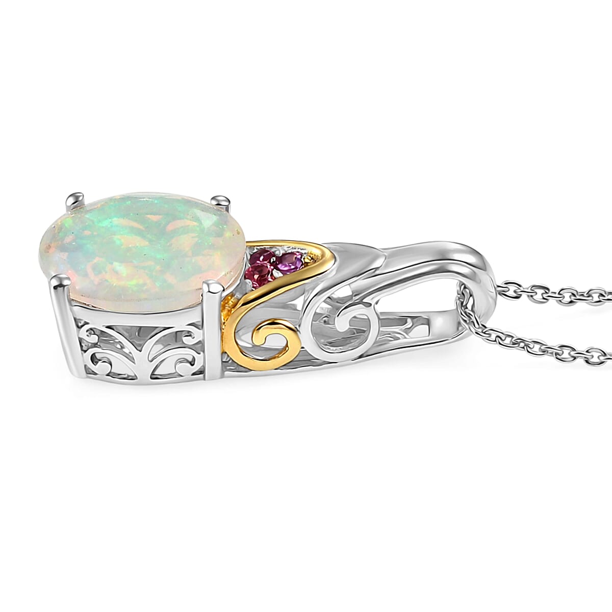 D'Joy Premium Ethiopian Welo Opal and Ouro Fino Rubellite 1.85 ctw Aurora Leaf Crest Pendant Necklace in 18K Vermeil YG and Rhodium Over Sterling Silver 20 Inches 