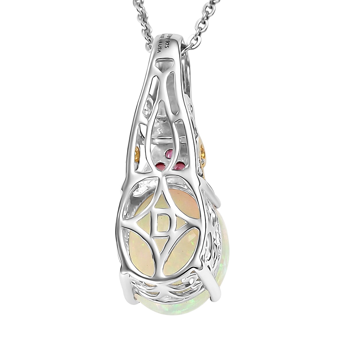 D'Joy Premium Ethiopian Welo Opal and Ouro Fino Rubellite 1.85 ctw Aurora Leaf Crest Pendant Necklace in 18K Vermeil YG and Rhodium Over Sterling Silver 20 Inches 