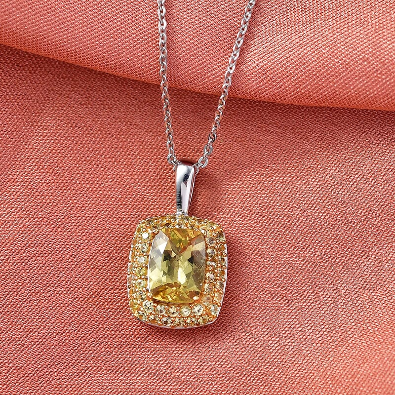 D'Joy Premium Golden Apatite and Yellow Sapphire 2.00 ctw Golden Glowfield Pendant Necklace in 18K Vermeil YG and Rhodium Over Sterling Silver 20 Inches