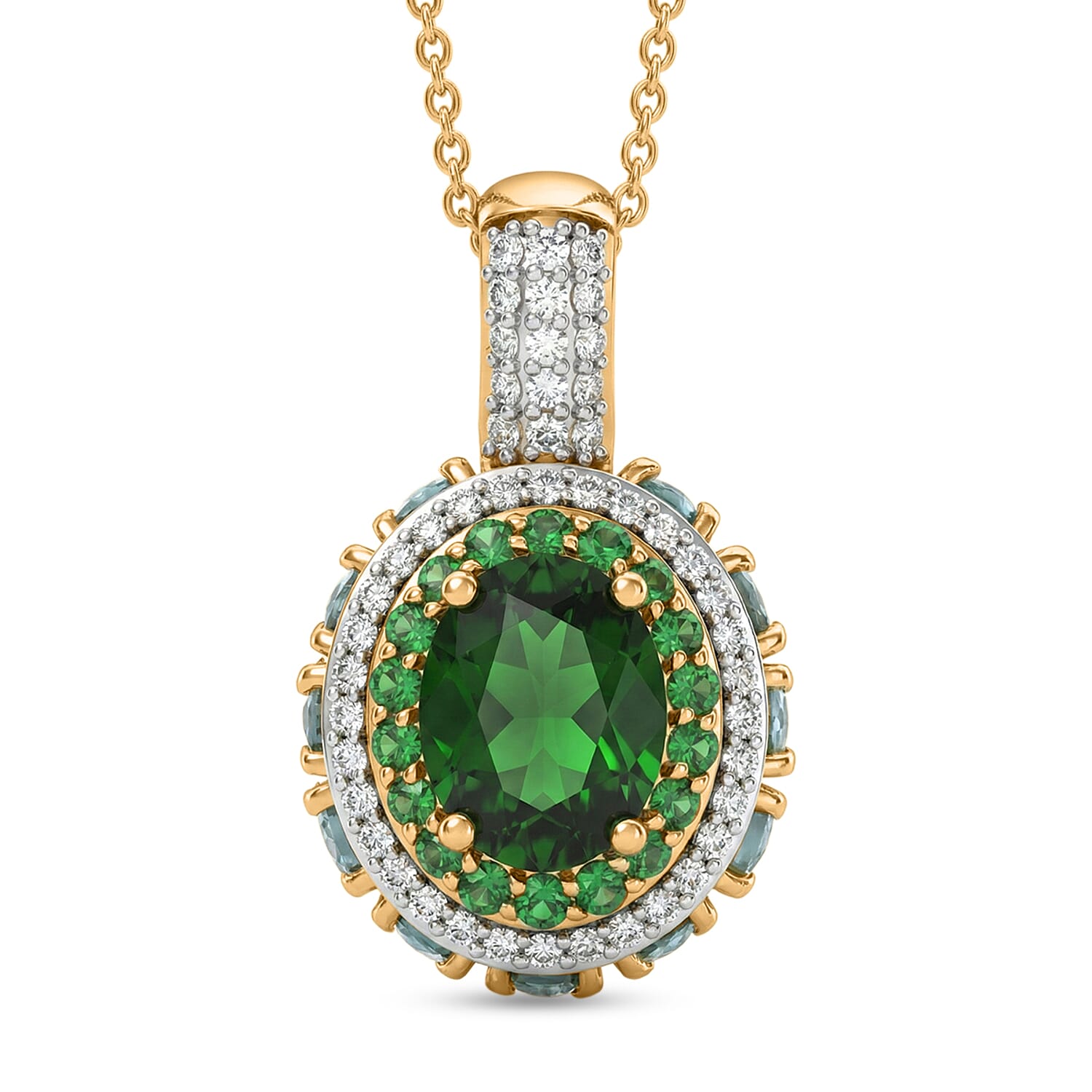 D'Joy Chrome Diopside and Multi Gemstone 5.90 ctw Lotus Flower Pendant Necklace in 18K Vermeil Yellow Gold Over Sterling Silver
