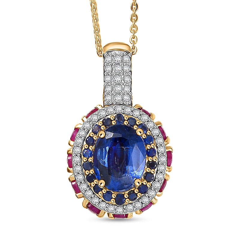 D'Joy Kashmir Kyanite and Multi Gemstone 6.30 ctw Lotus Flower Pendant Necklace in 18K Vermeil Yellow Gold Over Sterling Silver 20 Inches 