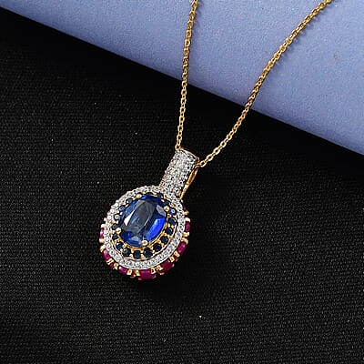 D'Joy Kashmir Kyanite and Multi Gemstone 6.30 ctw Lotus Flower Pendant Necklace in 18K Vermeil Yellow Gold Over Sterling Silver 20 Inches 