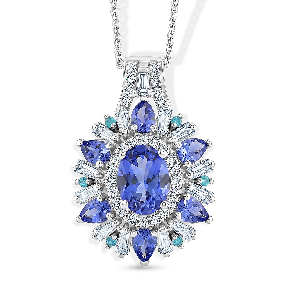 D'Joy Premium Tanzanite and Multi Gemstone 3.00 ctw Sunburst Pendant Necklace in Rhodium Over Sterling Silver (20 Inches)