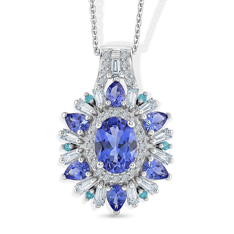 D'Joy Premium Tanzanite and Multi Gemstone 3.00 ctw Sunburst Pendant Necklace in Rhodium Over Sterling Silver (20 Inches)