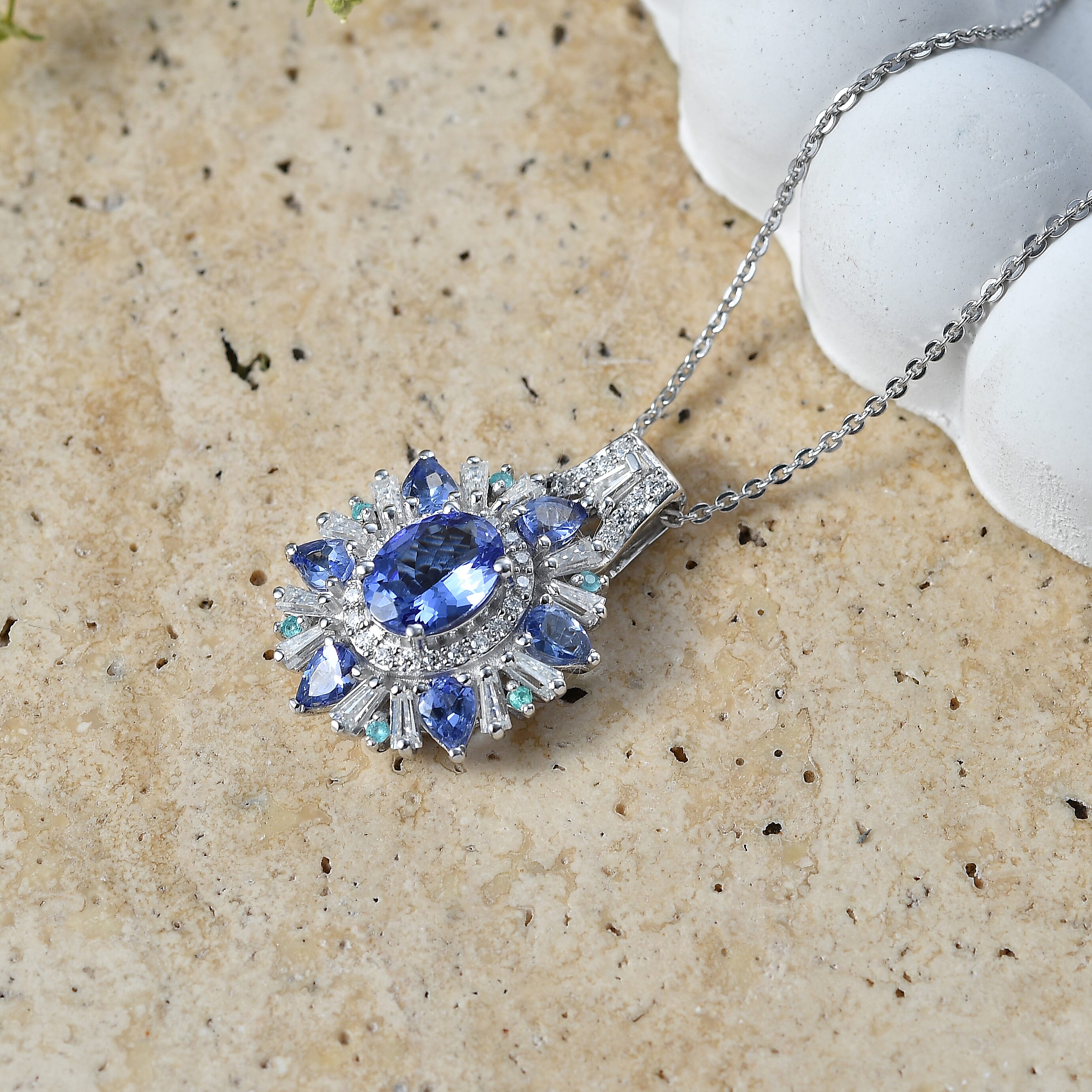 D'Joy Premium Tanzanite and Multi Gemstone 3.00 ctw Sunburst Pendant Necklace in Rhodium Over Sterling Silver (20 Inches)