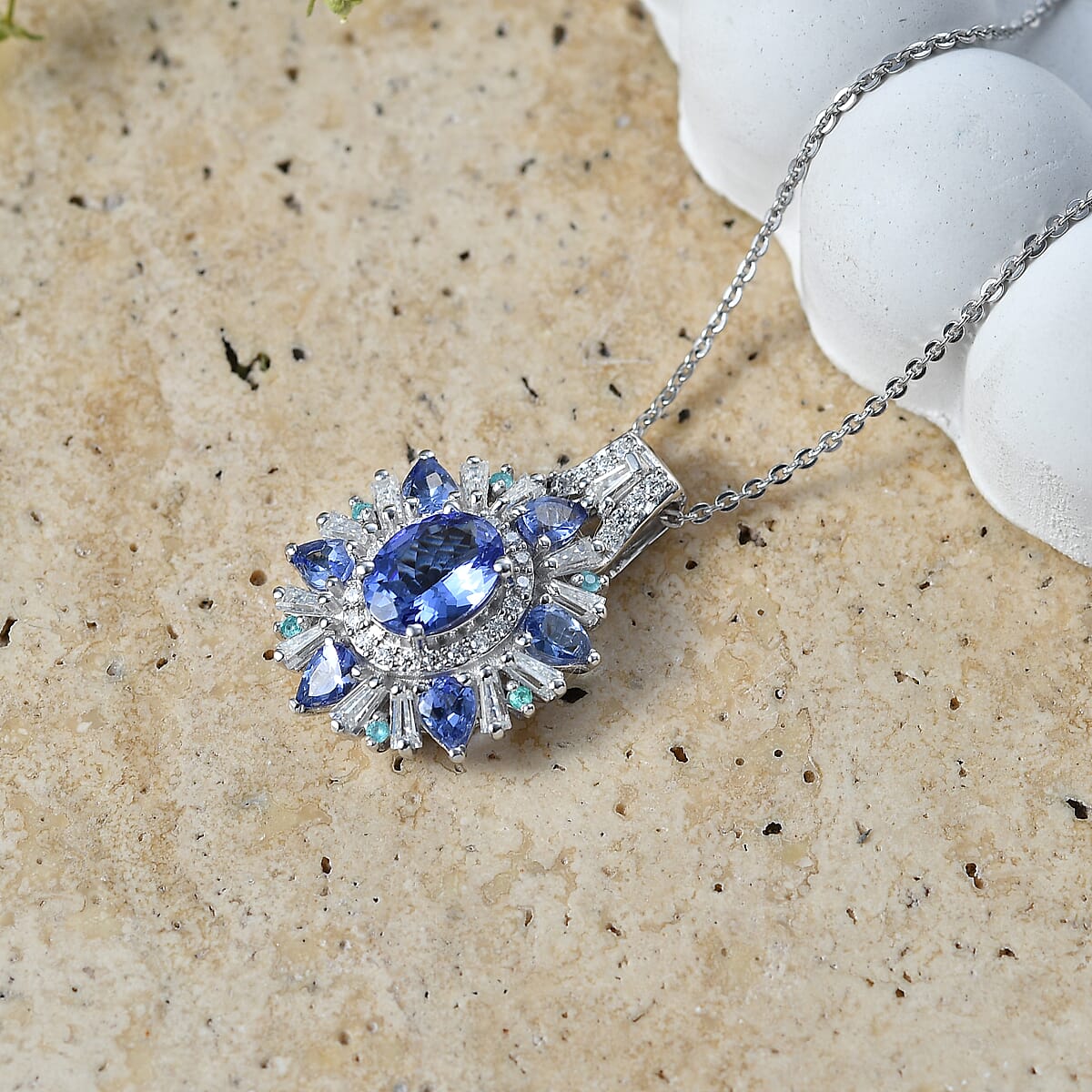 D'Joy Premium Tanzanite and Multi Gemstone 3.00 ctw Sunburst Pendant Necklace in Rhodium Over Sterling Silver (20 Inches) image number 1