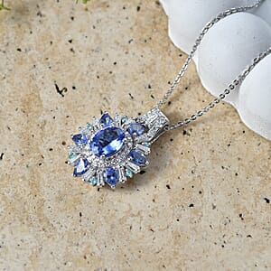 D'Joy Premium Tanzanite and Multi Gemstone 3.00 ctw Sunburst Pendant Necklace in Rhodium Over Sterling Silver (20 Inches)