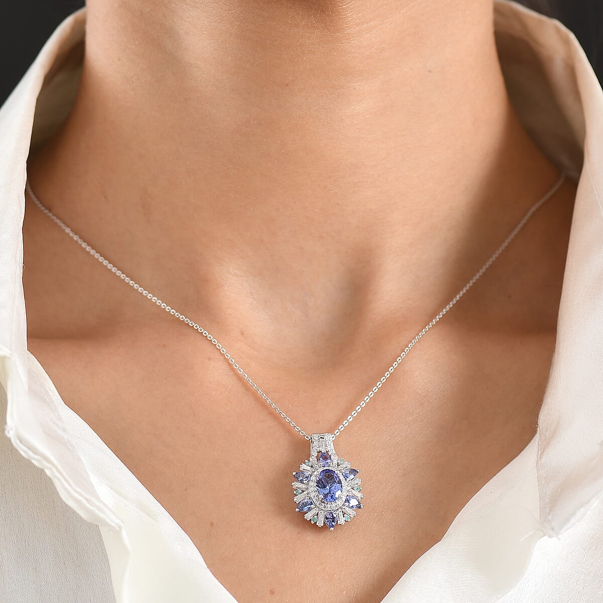 D'Joy Premium Tanzanite and Multi Gemstone 3.00 ctw Sunburst Pendant Necklace in Rhodium Over Sterling Silver (20 Inches) image number 2