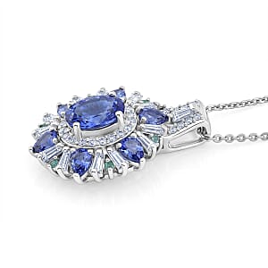 D'Joy Premium Tanzanite and Multi Gemstone 3.00 ctw Sunburst Pendant Necklace in Rhodium Over Sterling Silver (20 Inches)