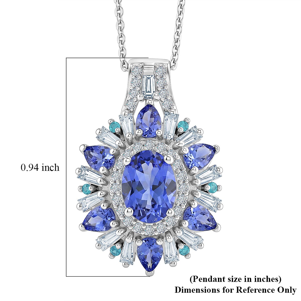 D'Joy Premium Tanzanite and Multi Gemstone 3.00 ctw Sunburst Pendant Necklace in Rhodium Over Sterling Silver (20 Inches)