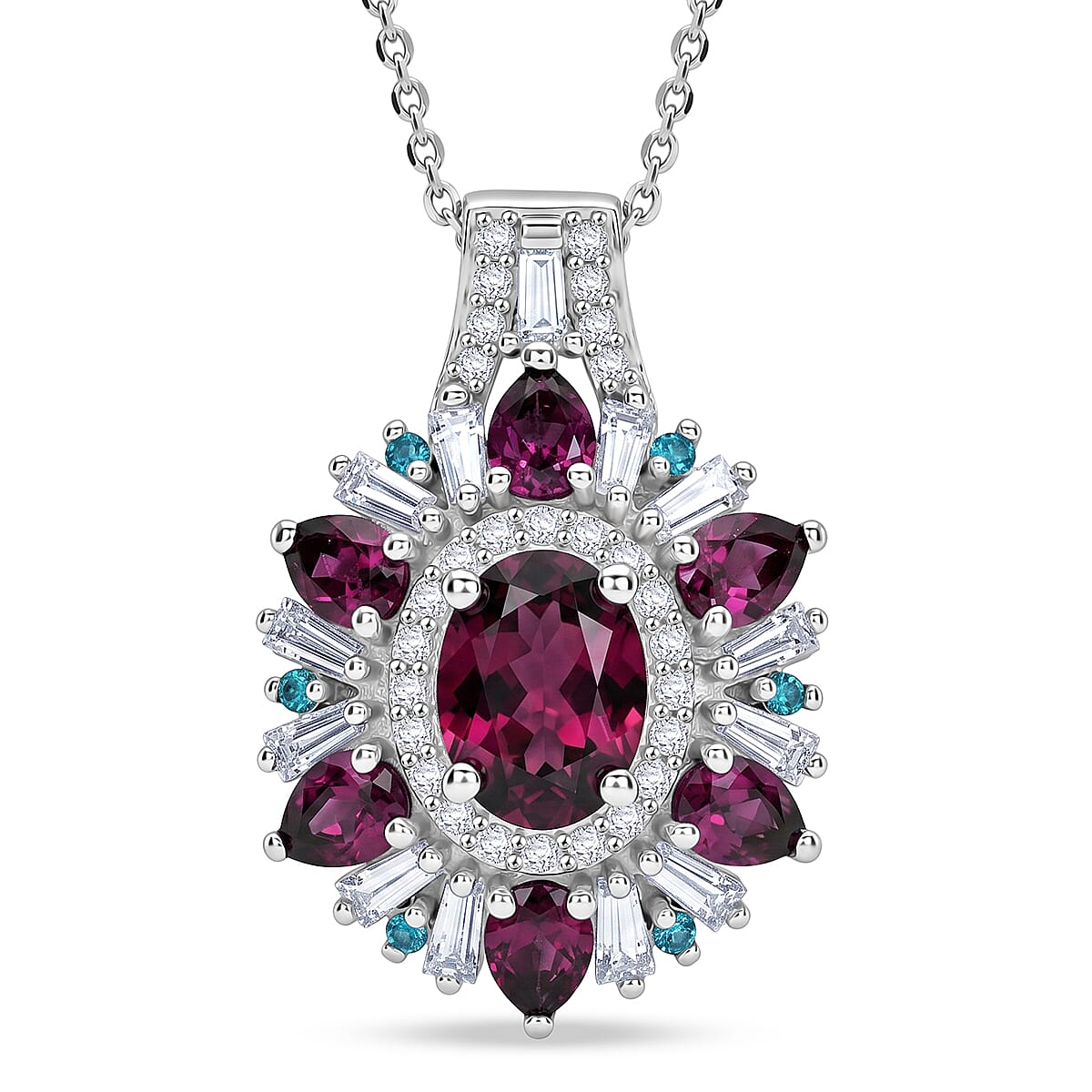 D'Joy Premium Tanzanite and Multi Gemstone 3.00 ctw Sunburst Pendant Necklace in Rhodium Over Sterling Silver (20 Inches)