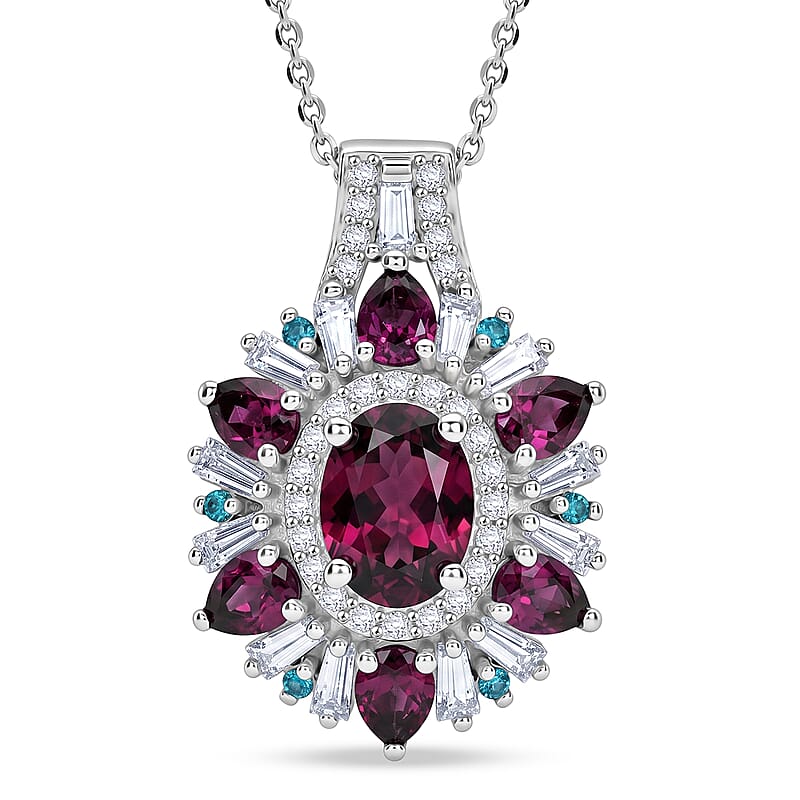 D'Joy AAA Radiant Ember Garnet and Multi Gemstone 3.60 ctw Sunburst Pendant Necklace in Rhodium Over Sterling Silver (20 Inches)